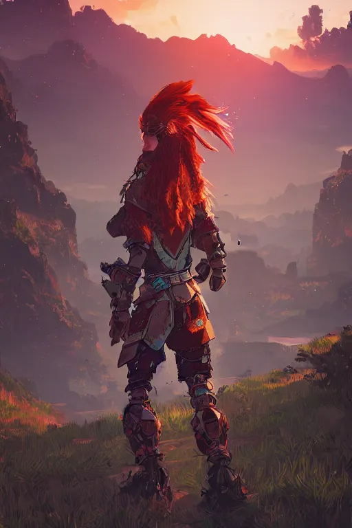 Image similar to combination suit armor aloy horizon forbidden west horizon zero dawn radiating a glowing aura global illumination ray tracing hdr fanart arstation by ian pesty and alena aenami artworks in 4 k tribal robot ninja mask helmet backpack