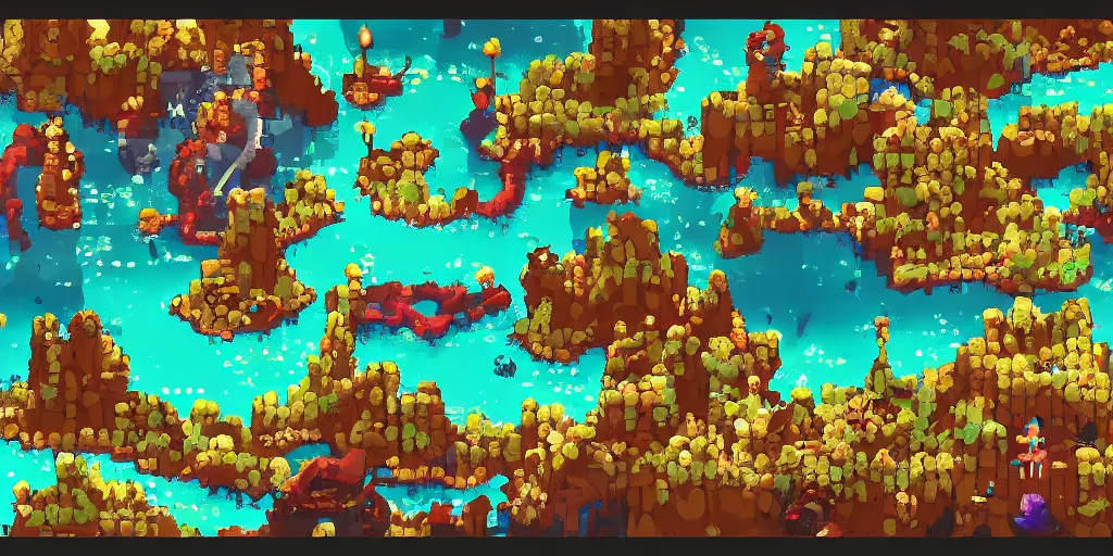 Image similar to game tileset from ,Ori and the blind forest, SOTN, wonder boy, dead cells, hollow knight tileset contaning lava in a side scrolling game,, loot of books, tileset , Subject in Middle, Rule of Thirds, 4K, Retrofuturism, Studio Ghibli, Simon Stålenhag