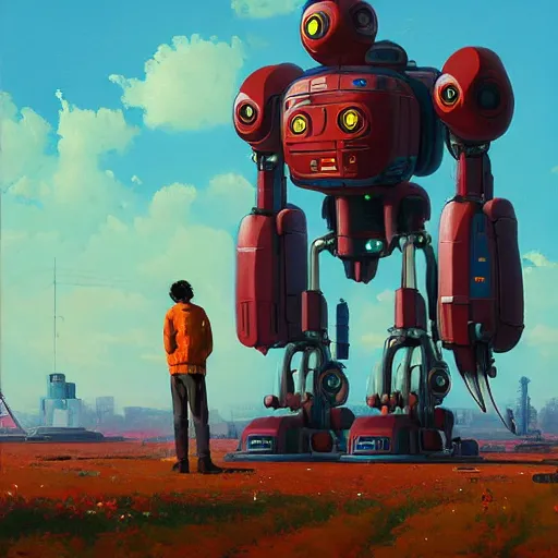 Prompt: an intricate oil painting of a giant anime robot with rounded and circular parts by simon stalenhag