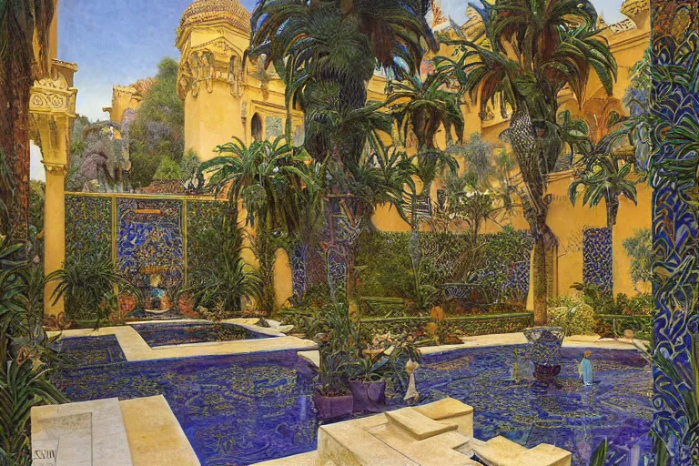 Prompt: painting of a beautiful moorish palace courtyard garden, by donato giancola and maxfield parrish and evelyn de morgan, patterned tilework, palm trees, tiled fountains, extremely detailed, cinematic lighting, smooth sharp focus