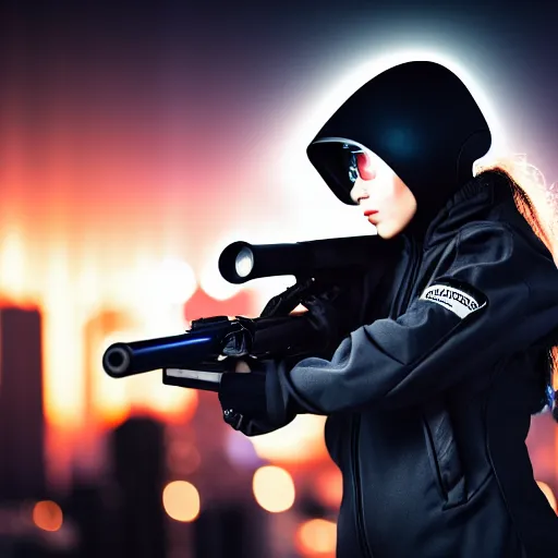 Image similar to photographic portrait of a techwear woman holding a shotgun, closeup, on the rooftop of a futuristic city at night, sigma 85mm f/1.4, 4k, depth of field, high resolution, 4k, 8k, hd, full color, Die Hard, movies with guns, movie firearms