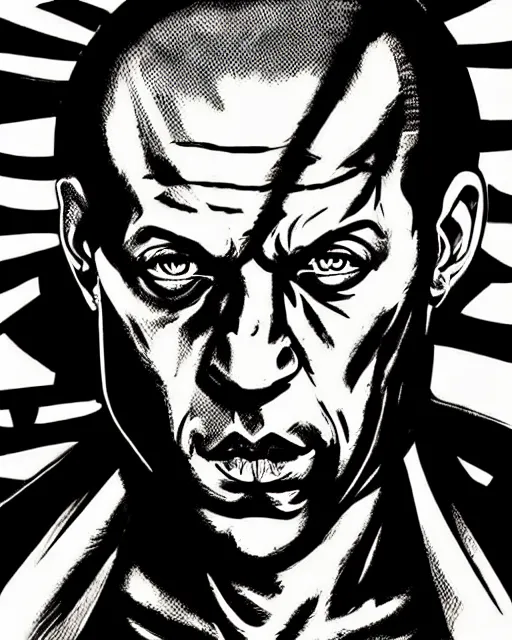 Image similar to Digital pen drawing of Vin Diesel walking like a Italian model in JoJo\'s Bizzare Adventure anime style, official JoJo\'s Bizzare Adventure, highly detailed, sharp focus, screentone shading, sligthly hard shadows, 1990 manga panel, trending on ArtStation, manga cover art drawn by Hirohiko Araki, colorized by Shueisha