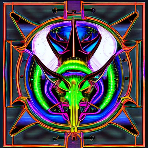 Prompt: biomechanical baphomet sigil merged with mainframe circuitry, multicolored digital art