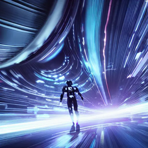 Image similar to speed, diverse interstellar cybersuits, from behind, motion blur, bokeh, wide wide angle, vivid, elaborate, highly detailed, beautiful lighting