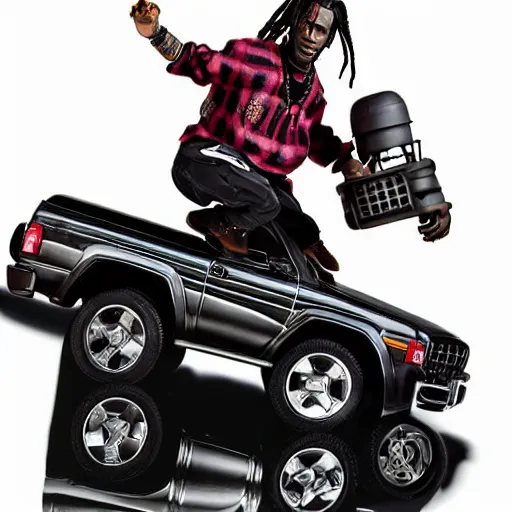 Image similar to travis scott action figure with dreads standing on top of a black rc pickup truck, close up studio photograph, white background