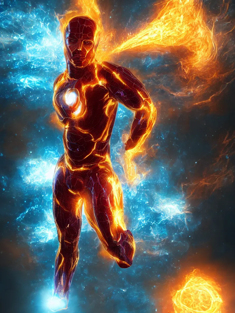 Prompt: human torch, intricate galaxy inlay, ultra high detail, plasma fire internal glow, precise, consciousness projection, astral projection, laser sharp, octane render, unreal render, photo real, 8k, volumetric lighting, high contrast,