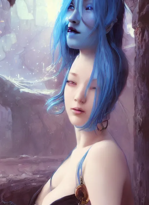 Image similar to stunningly beautiful female blue hair, dj sura face, fantasy art, dark light night, sharp focus, digital painting, 8 k, concept art, art by wlop, artgerm, greg rutkowski and alphonse mucha