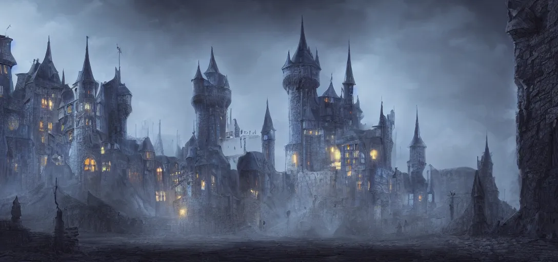 Image similar to A digital concept art painting of a dark blue medieval fantasy european ghotic castle with black brick in desert, 4K UHD image, unreal engine