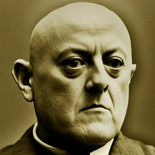 Prompt: a current spiritual transmission of aleister crowley's actual face right now real time from the astral plains