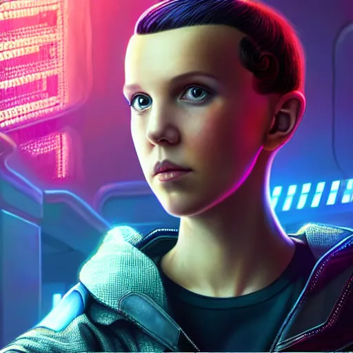 Image similar to Millie Bobby Brown in Cyberpunk 2077 by RossDraws