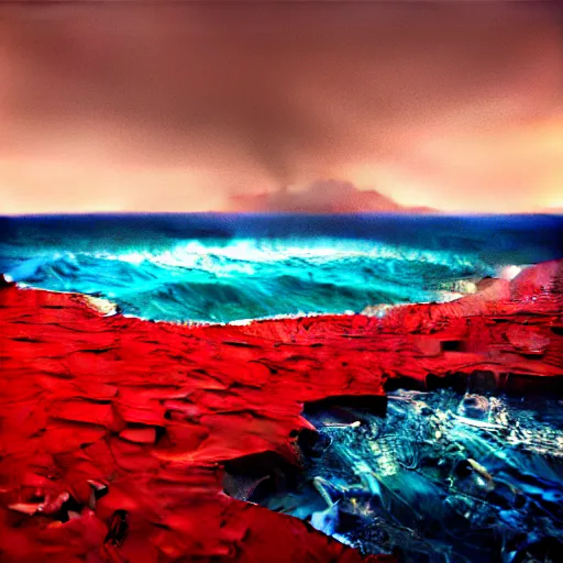 Prompt: gorgeous detailed oil painting of a red sea covered in big blue rocks, the further away the mistier it gets, dark aesthetic, atmospheric, concept art, octane render, unreal engine 5, trending on artstation, high quality, path traced, surreal, trending on deviantart, moody, highly detailed, masterpiece, award winning, 4 k hdr, digital art