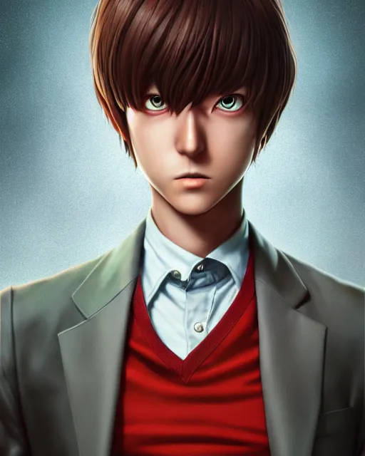 Prompt: an epic comic book style full body portrait painting of Yagami Light , elegant, character design by Mark Ryden and Pixar and Hayao Miyazaki, unreal 5, DAZ, hyperrealistic, octane render, cosplay, RPG portrait, dynamic lighting, intricate detail, summer vibrancy, cinematic