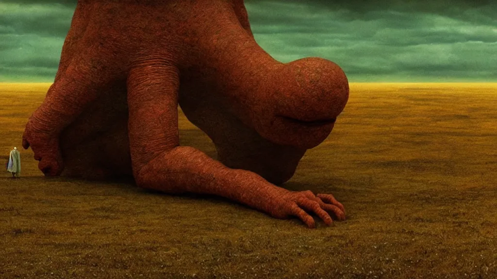 Image similar to the strange creature looks at the sky film still from the movie directed by denis villeneuve and david cronenberg with art direction by salvador dali and zdzisław beksinski, wide lens