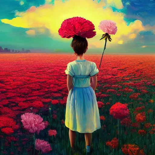 Image similar to girl with a giant carnation head, surreal photography, flower field, sunset dramatic light, impressionist painting, colorful clouds, blue sky, digital painting, artstation, simon stalenhag