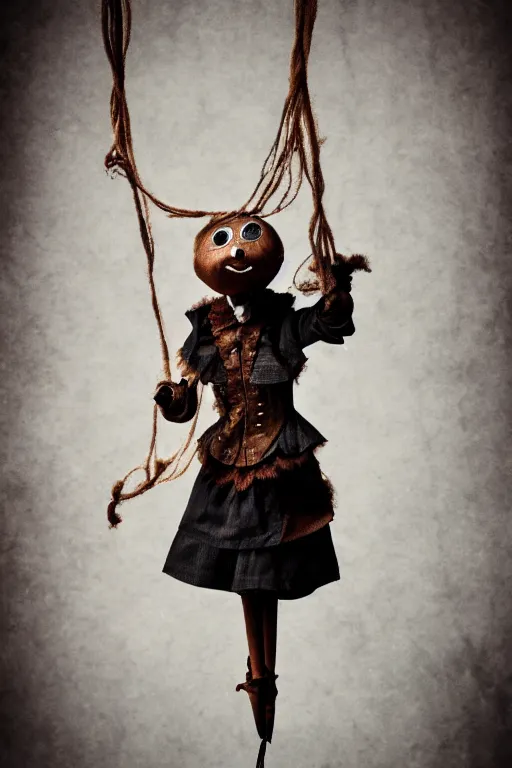 Image similar to a puppet held by string, alone stage, steampunk, sad vibe, steampunk, ballet, 8 k, detailed, ambient lighting, vintage, dark fantasy