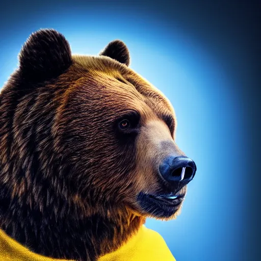 Image similar to portrait photo of bear as a jedi, blue and yellow lighting, dark, cinematic, high quality, 4 k