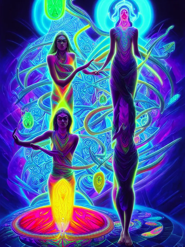 Prompt: epic scale cinematic full view chromaticity dmt being alex grey character concept of a beautiful colorful crystals powder liquids, glowing fluorescent velvet neon blacklight hues and saturation, sacred dmt color deity visionary fantasy art by greg rutkowski android jones artgerm alphonse max chroma rule of thirds golden ratio sacred geometry ai generated art