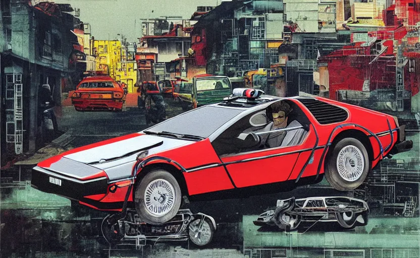 Image similar to a red delorean in ajegunle slum of lagos - nigeria, painting by hsiao - ron cheng, utagawa kunisada & salvador dali, magazine collage style,