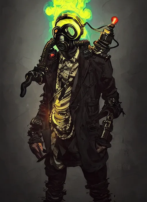 Prompt: half body portrait of an evil deity, a squid man in a gas mask and black rugged ornate trench coat oozing with smoke dark aura. in style of yoji shinkawa and hyung - tae kim, trending on artstation, dark fantasy, great composition, concept art, highly detailed, dynamic pose, vibrant colours.