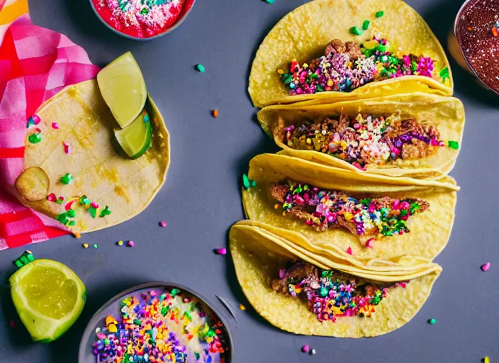 Image similar to dslr food photograph of a tacos topped with rainbow sprinkles, 8 5 mm f 1. 8