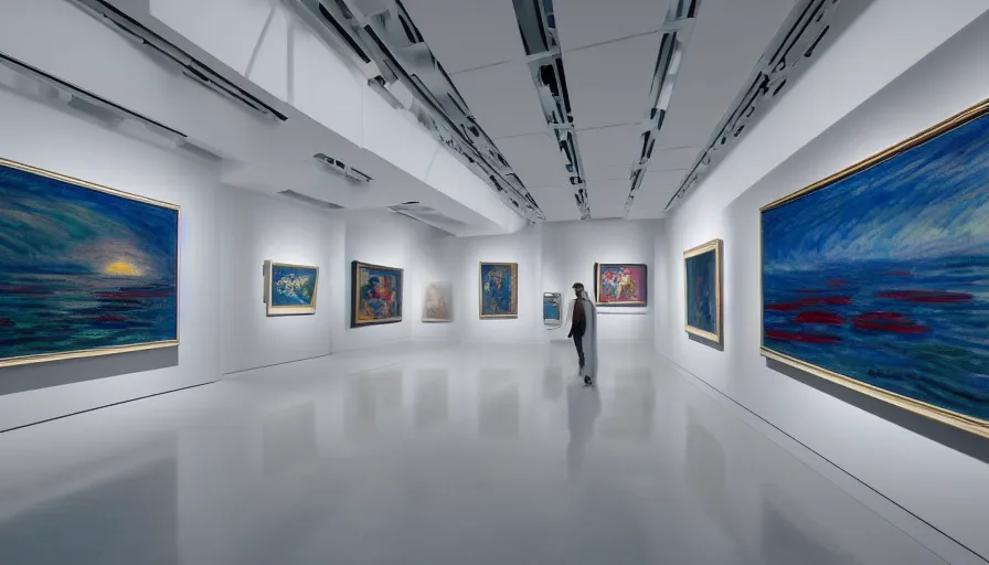 Image similar to interior futuristic art gallery wide angle highly detailed by santiago calatrava, many wall hanging paintings of art by monet, captivating 8 k hdr, octane render godrays hyperrealism