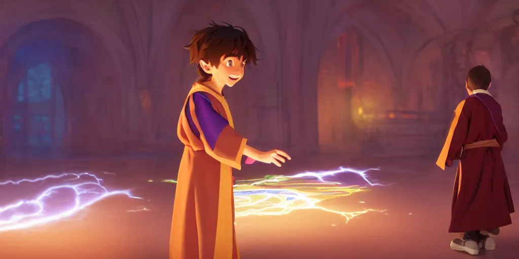 Image similar to a young boy mage with a brown cloak is standing at his desk working on a new spell, colorful, flowing energy, light rays, anime boy, boy, medium shot, waist up, pixar and disney animation, sharp, rendered in unreal engine 5, by greg rutkowski and makoto shinkai, bloom, dramatic lighting, cinematic