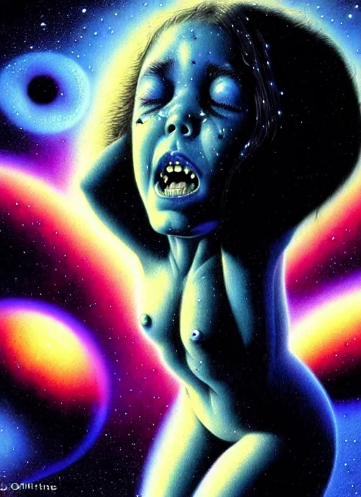 Prompt: detailed image of a crying girl falling in the deep space by richard corben, rich deep colors. masterpiece . intricate artwork, very coherent symmetrical artwork, cinematic, hyper realism, high detail, octane render, unreal engine, 8k, Vibrant colors, Smooth gradients, High contrast, depth of field. by Katsuhiro Otomo, full body character drawing, inspired by Evangeleon, clean ink detailed line drawing, intricate detail, extremely detailed.