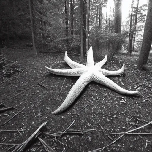 Prompt: a weird giant starfish in the forest caught on trailcam nightvision footage camera, grainy low quality