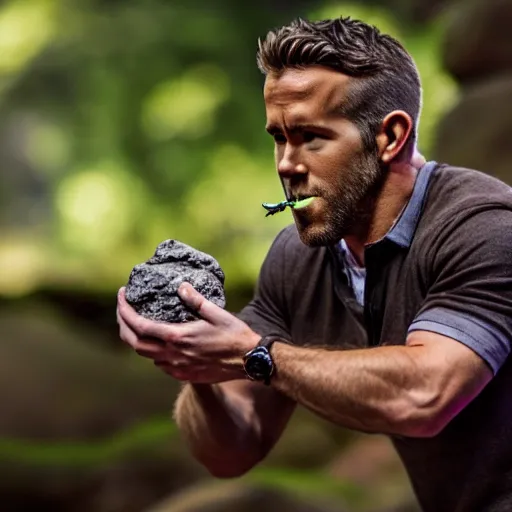 Image similar to photo of ryan reynolds eating a boulder, highly detailed, extremely high quality, hd, 4 k, 8 k, professional photographer, 4 0 mp, lifelike, top - rated, award winning, realistic, detailed lighting, detailed shadows, sharp, no blur, edited, corrected, trending