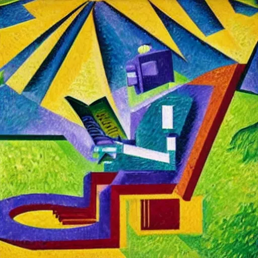 Prompt: A robot reading a book in a park, sunny day, colorful, in the style of Umberto Boccioni