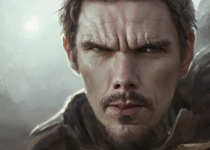 Image similar to painting portrait of Ethan Hawke dressed as general in Star Wars, sharp focus, waist up, trending on ArtStation, masterpiece, by Greg Rutkowski, by Ross Tran, by Fenghua Zhong, octane, clear eyes, soft render, clear facial features, oil on canvas, moody lighting, cinematic, professional environment concept art