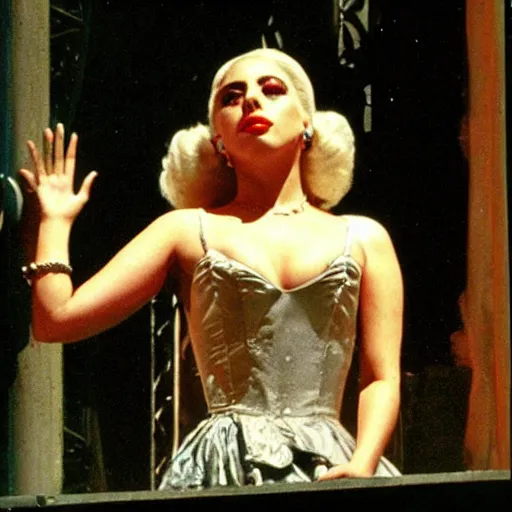 Image similar to lady gaga in Evita 1996, singing on the balcony