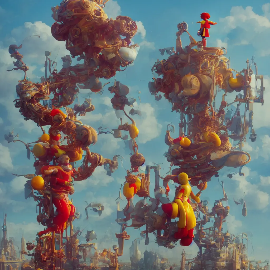 Image similar to ronald mcdonald statue in the world by beeple, darek zabrocki, tyler edlin, jordan grimmer, neil blevins, james paick, natasha tan, highly detailed, ultra detailed, ultra realistic, trending on artstation