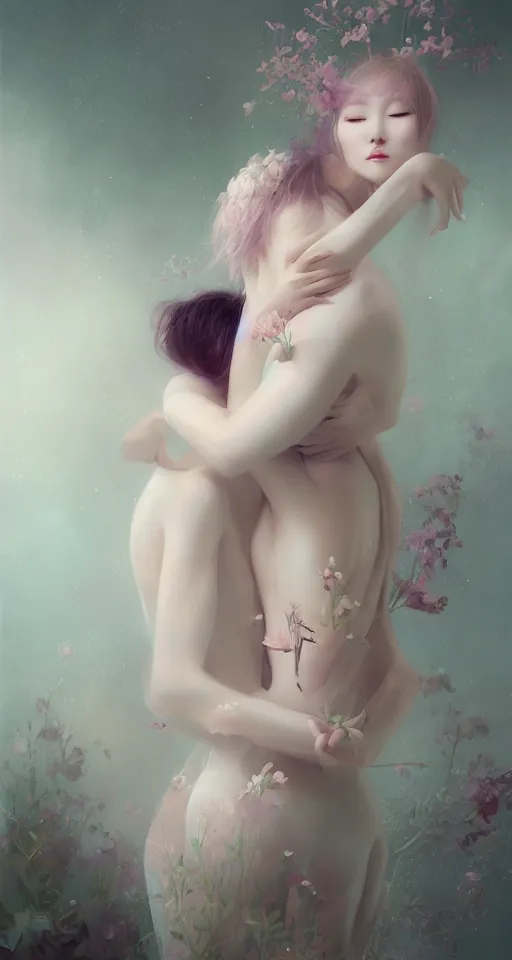 Prompt: breathtaking delicate detailed concept art painting beauty hugs creature, by hsiao - ron cheng, bizarre compositions, exquisite detail, single, one person, pastel colors, 8 k