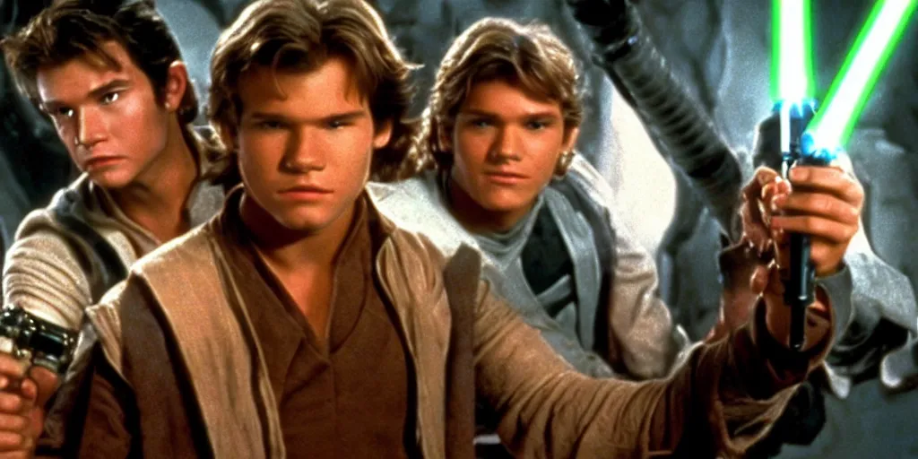 Prompt: A full color still from a film of a teenage Han Solo as a Jedi padawan holding a lightsaber hilt next to an alien, from The Phantom Menace, directed by Steven Spielberg, 35mm 1990