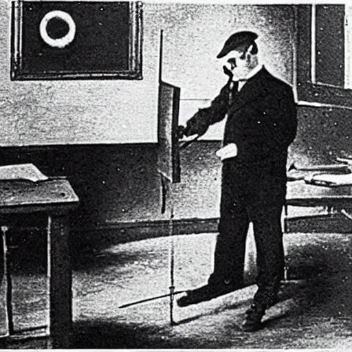 Image similar to a 1900s grainy photo of a university's teacher drawing a black hole on the board