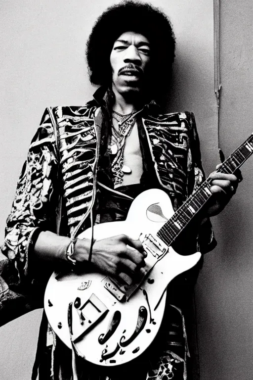Prompt: photo of jimi hendrix playing guitar, styled by nick knight posing, showstudio, face close up, vogue magazine, 1 9 7 0, canon, highly realistic. high resolution. highly detailed. dramatic. 8 k. 4 k