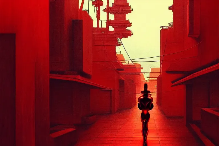 Image similar to only with red, a red cyborg samurai, tokio futuristic in background, some evil yokai, in the style of beksinski, parts by edward hopper, parts by rodcenko, parts by yue minjun, intricate and epic composition, red by caravaggio, insanely quality, highly detailed, masterpiece, red light, artstation, 4 k