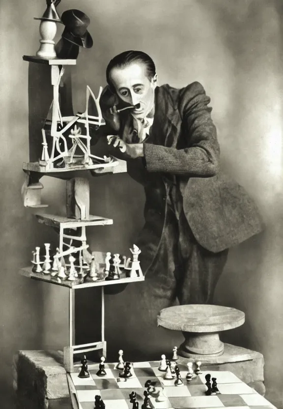 Image similar to marcel duchamp holding up a chess - piece wire - machine, a surrealist painting by marcel duchamp, complex artificial - intelligence machinery, flickr contest winner, studio portrait, 1 9 2 0 s