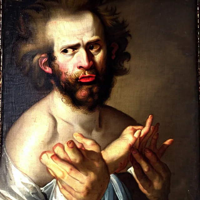Prompt: baroque portrait painting of young disheveled mad wild - eyed frazzled pensive anxious nobleman alchemist painter