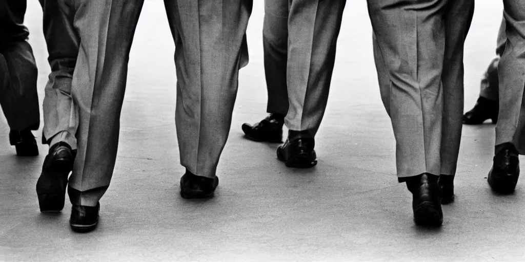 Prompt: Hyderdetailed, realistic and true to life, low angle view of the feet and shoes and legs of a group of chubby white business men walking past, cinematic, 1980s