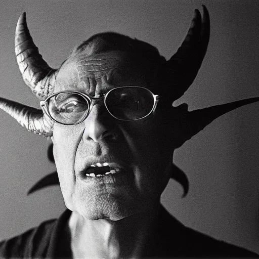 Image similar to close up portrait photo of a devil in a studio, photo by annie leibovitz