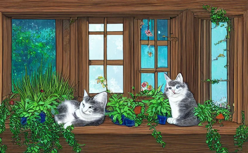 Prompt: sleeping cat on window, inside house in village, plants, calm, warm, cozy, digital art, sweet home, cute, detailed