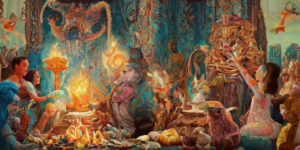 Prompt: beautiful painting of fantasy corgi cult leader doing sacrificial ceremony, by Tristan Eaton, James Gurney, greg rutkowski. trending on Artstation, 8k, masterpiece, graffiti paint, fine detail, full of color, intricate detail, golden ratio illustration, corgi