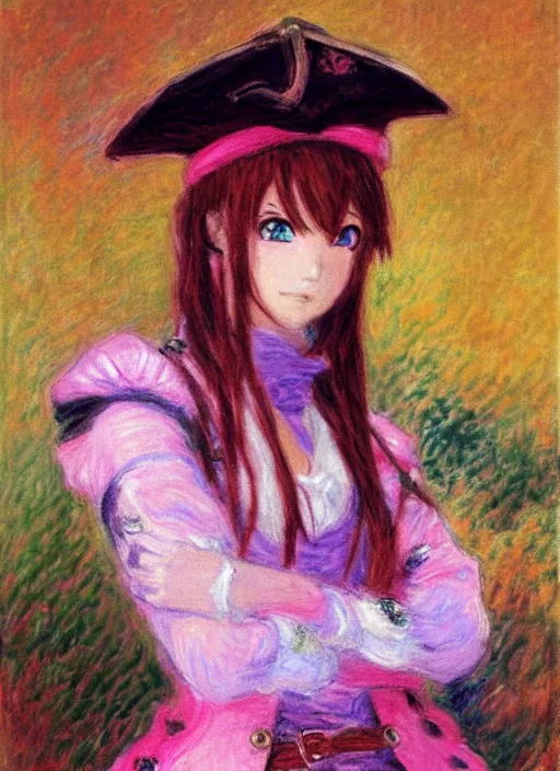 Prompt: a portrait of a female pirate, pink uniform, very anime in impressionist style, anime trending artwork, anime painter studio, by claude monet