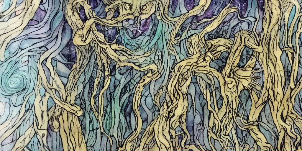 Prompt: expressive cloaked flowing shadow demon lurking in a dense creepy, mythical woodland. beautiful angles holding golden chains in the sky. colored inks heightened with opaque paints miniature on vellum.