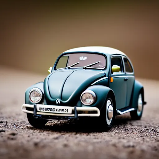 Prompt: a miniature volkswagen beetle. nature photography. macrophotography. NIKON D800E + 105mm f/2.8 @ 105mm, ISO 400, 1/1000, f/3.5