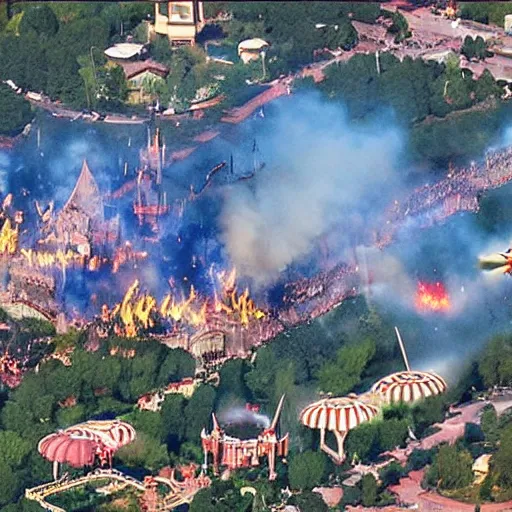 Image similar to aerial image of disney land ln fire alien invasion