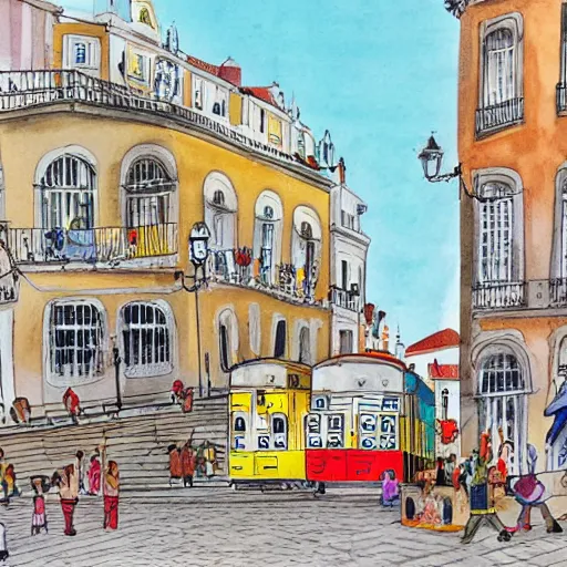 Prompt: a view of lisbon rossio, children's book art