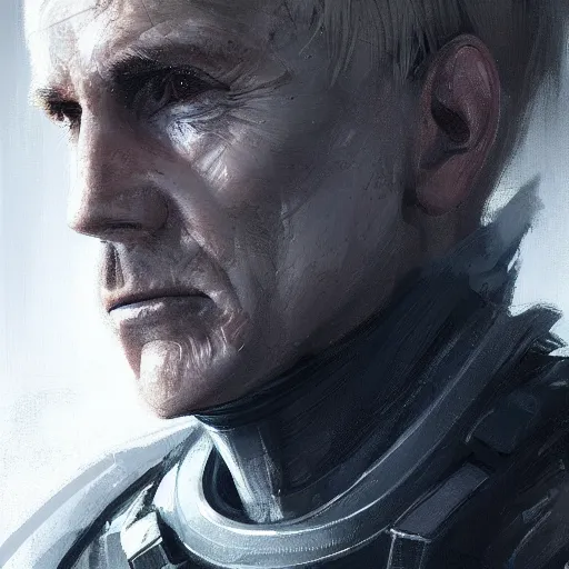 Prompt: Portrait of a man by Greg Rutkowski, he is about 50 years old, short blond hair, athletic and strong, straight jaw, wearing a futuristic tactical gear, expression of determination with weariness and resignation, older brother vibes, highly detailed portrait, digital painting, artstation, concept art, smooth, sharp foccus ilustration, Artstation HQ.